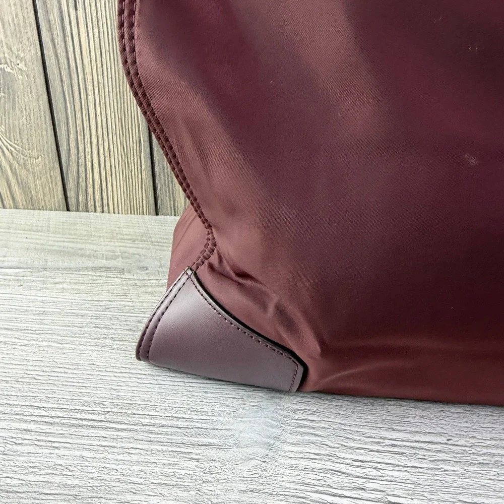 Tory Burch Ella Large Tote Bag Burgundy Nylon Leather Logo Shoulder Handbag